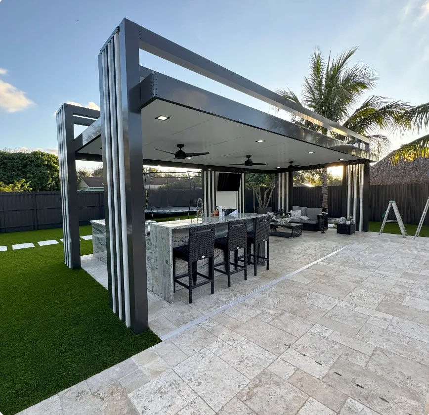 Modern aluminum pergola with built-in outdoor kitchen and bar seating in Southwest Florida